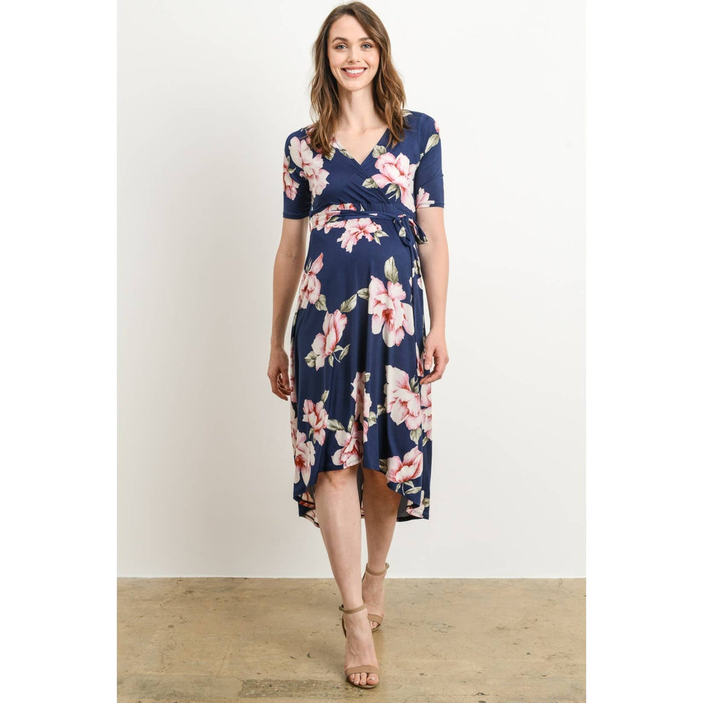 Navy Blue Floral High-Low Nursing Surplice Dress
