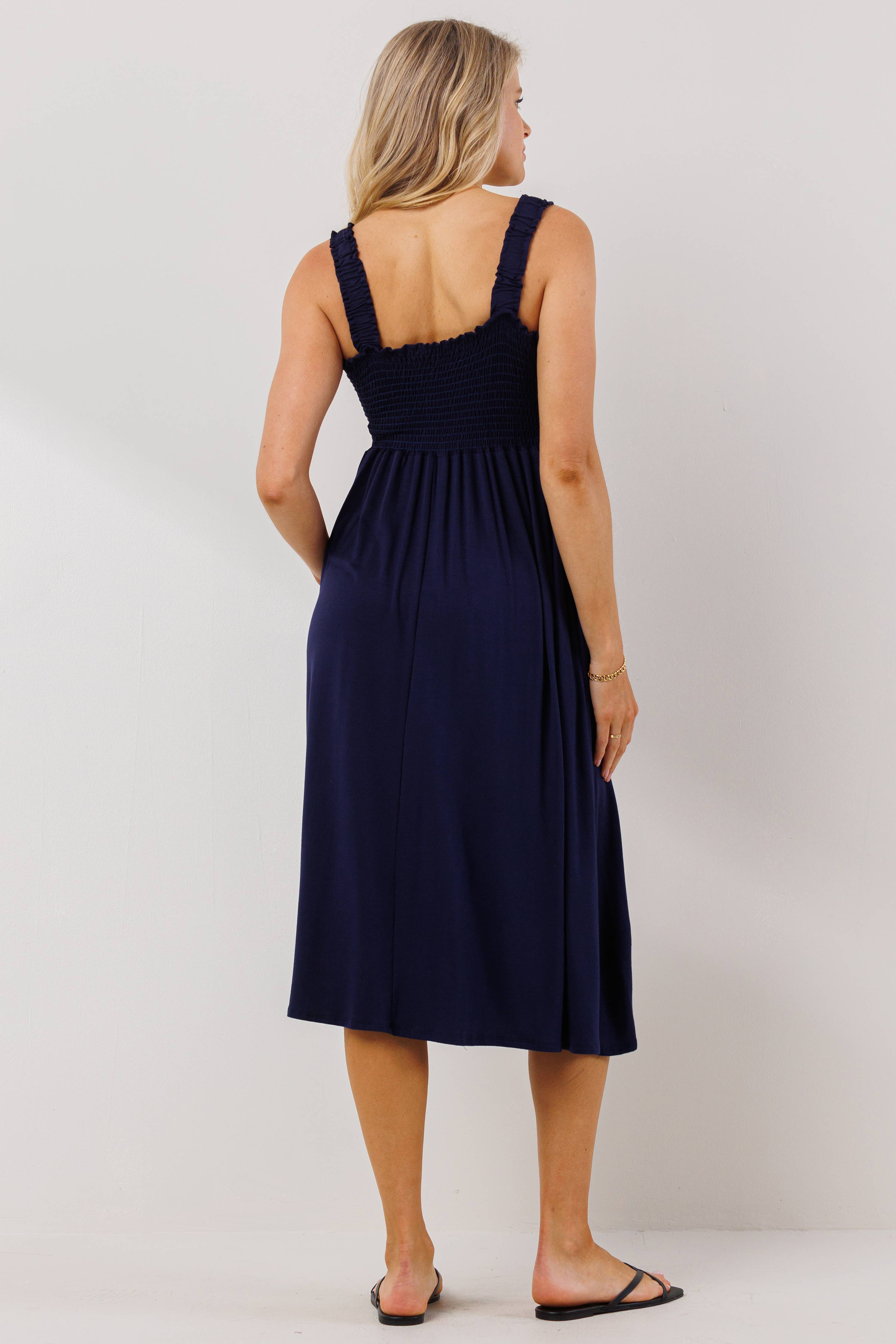 Navy Smocked Sleeveless Maternity Midi Dress