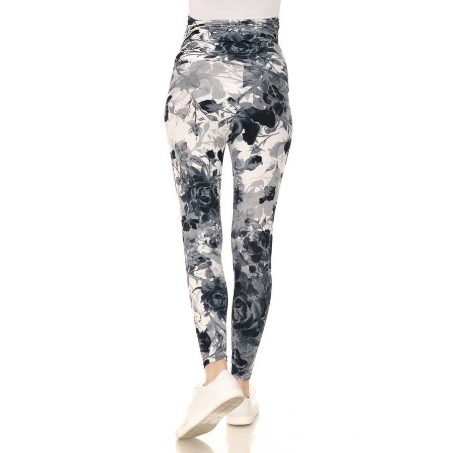 White/Black Floral Buttery Soft Full Length Ruched Maternity Leggings