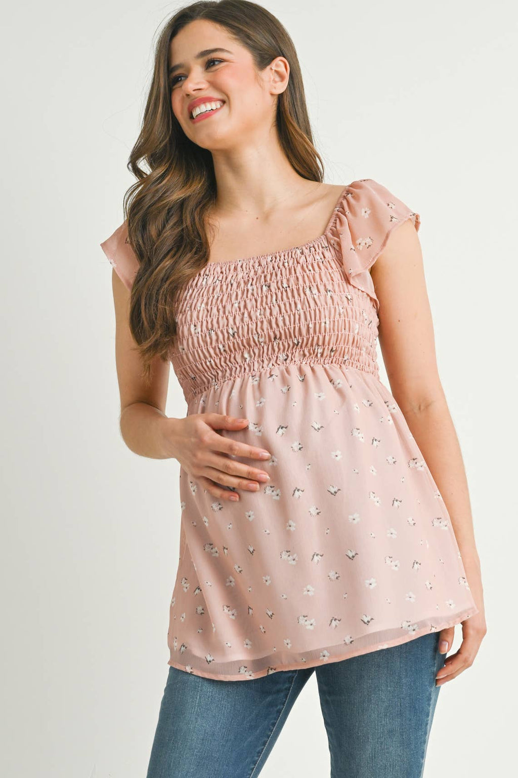 Blush Floral Flutter Sleeve Maternity Smocked Top
