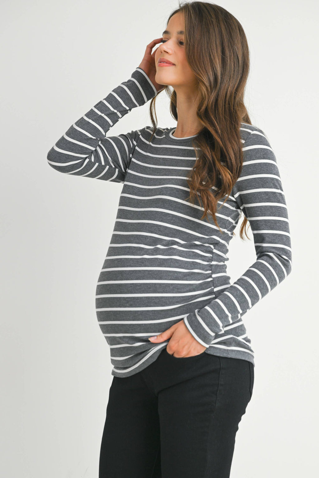 Charcoal/White Striped Ribbed Long Sleeve Top