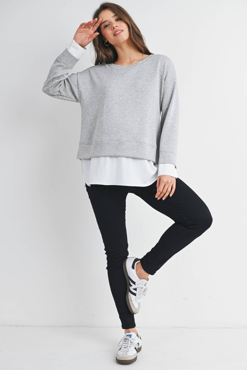 Grey/White Long Sleeve Maternity Twofer Pullover Top
