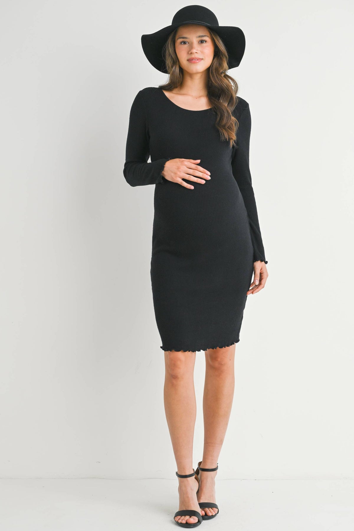 Black Ribbed Lettuce Edge Long Sleeve Maternity Dress