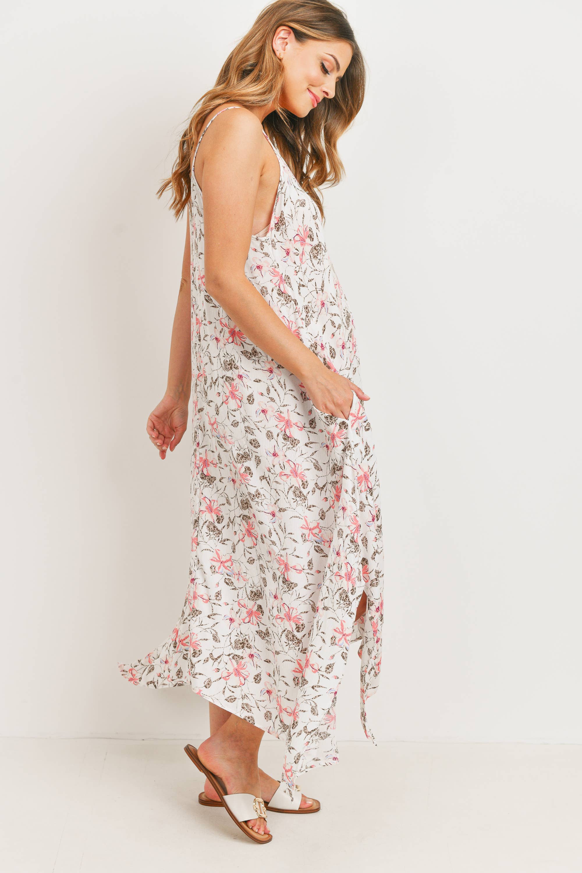 White Floral Print Sleeveless Maternity Midi Dress