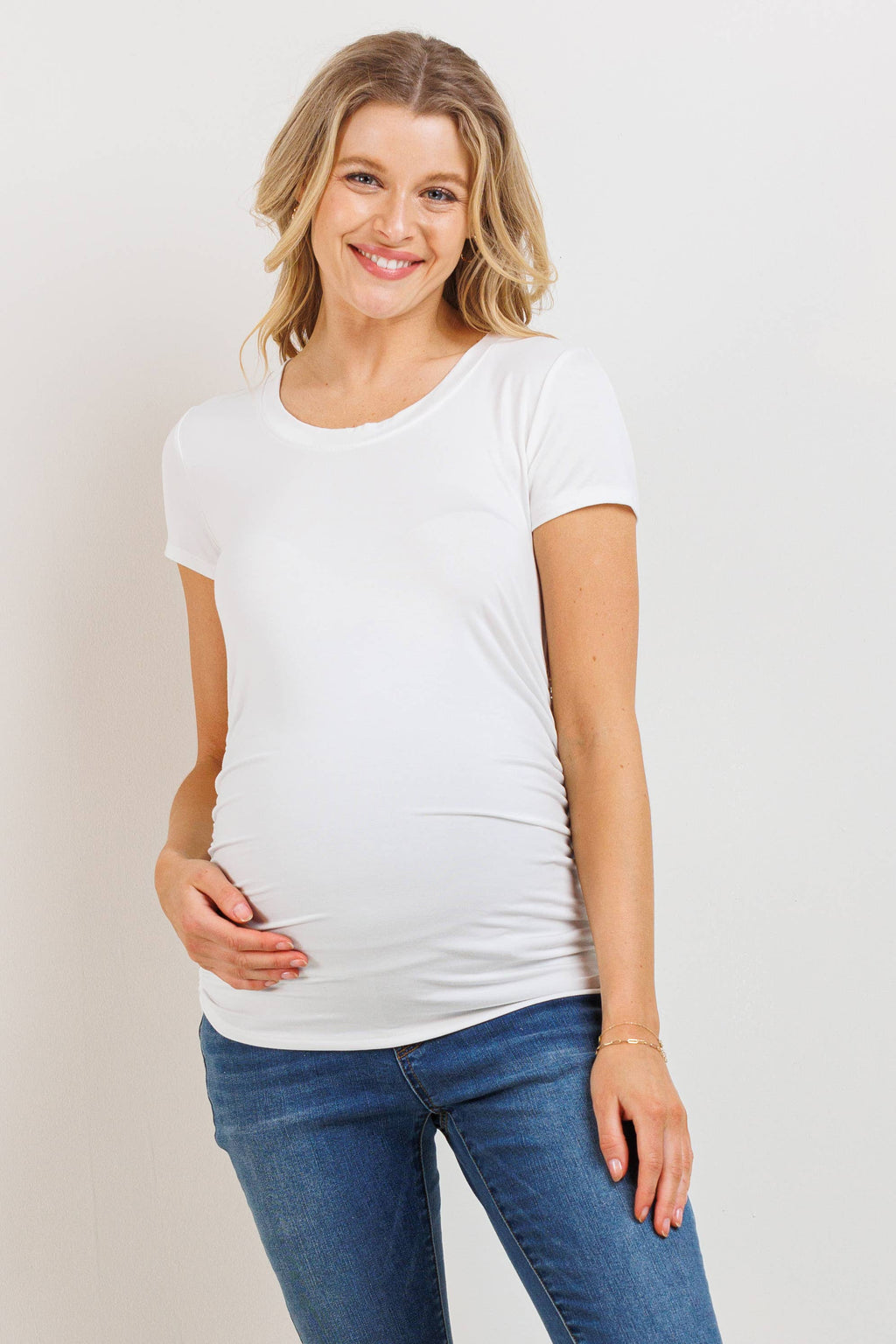 Ivory Ruched Short Sleeve Maternity V-Neck Top