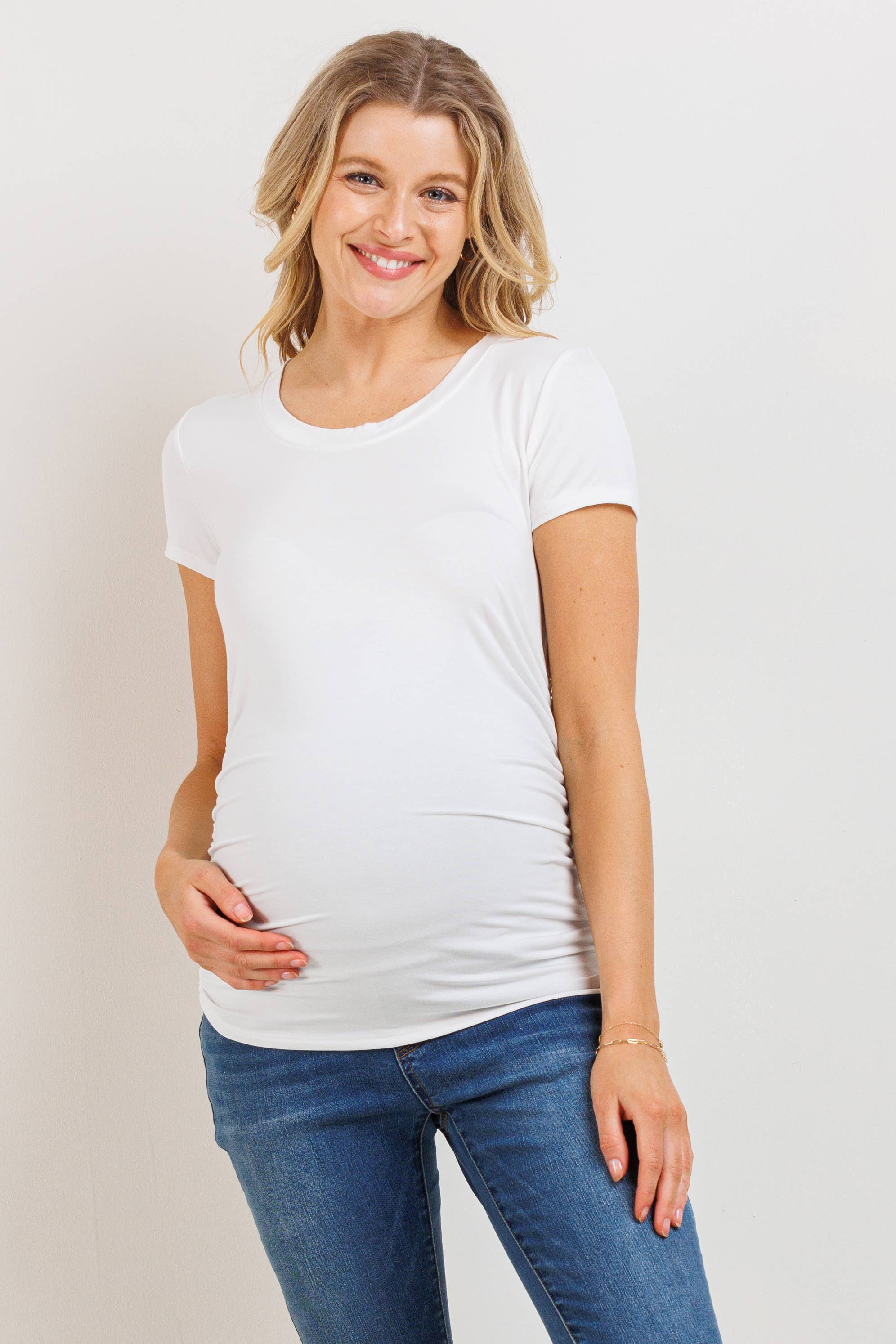 Ivory Ruched Short Sleeve Maternity V-Neck Top