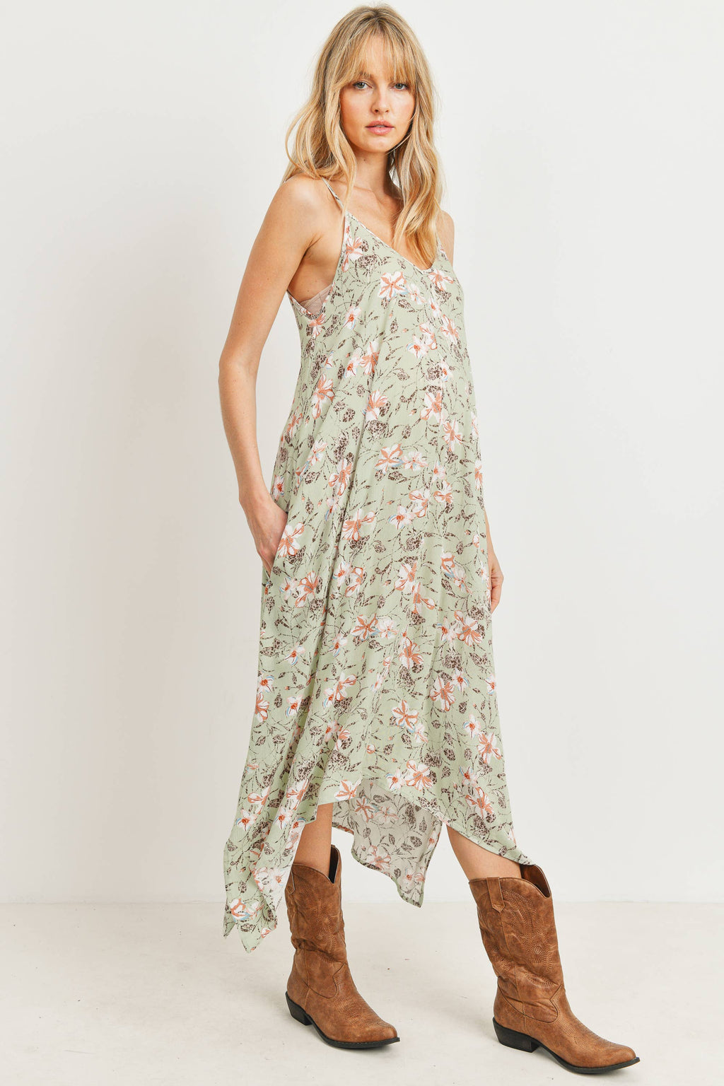 Sage Floral Print Sleeveless Maternity Midi Dress