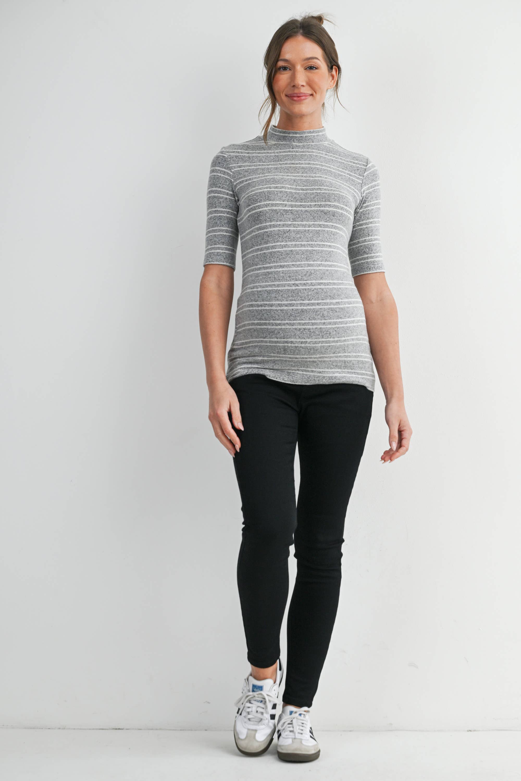 Grey & White Soft Knit Striped Mock Neck Top