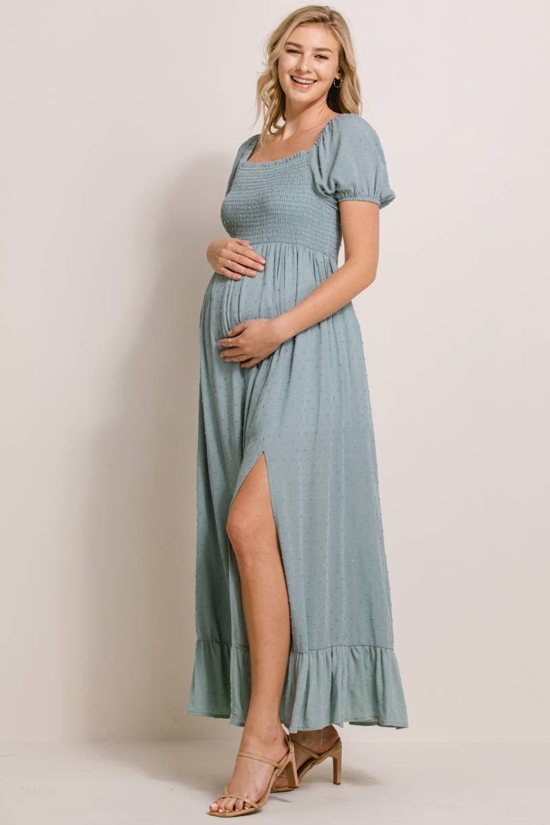 Sage Square Neck Puff Sleeve Maternity Maxi Dress