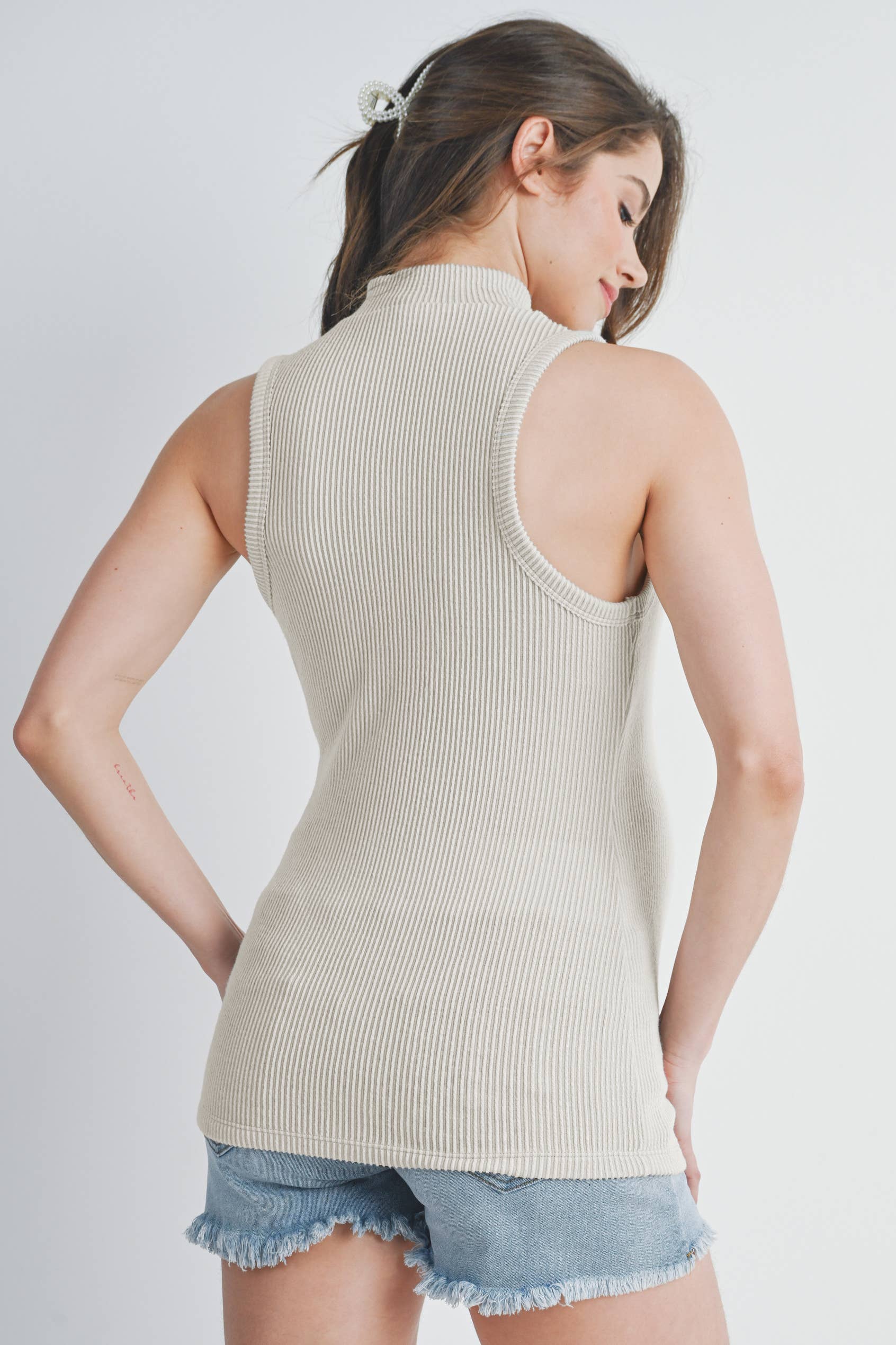 Cream Ribbed Mock Neck Maternity Tank Top