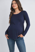 Navy French Terry Long Sleeve Scoop Neck Maternity Top
