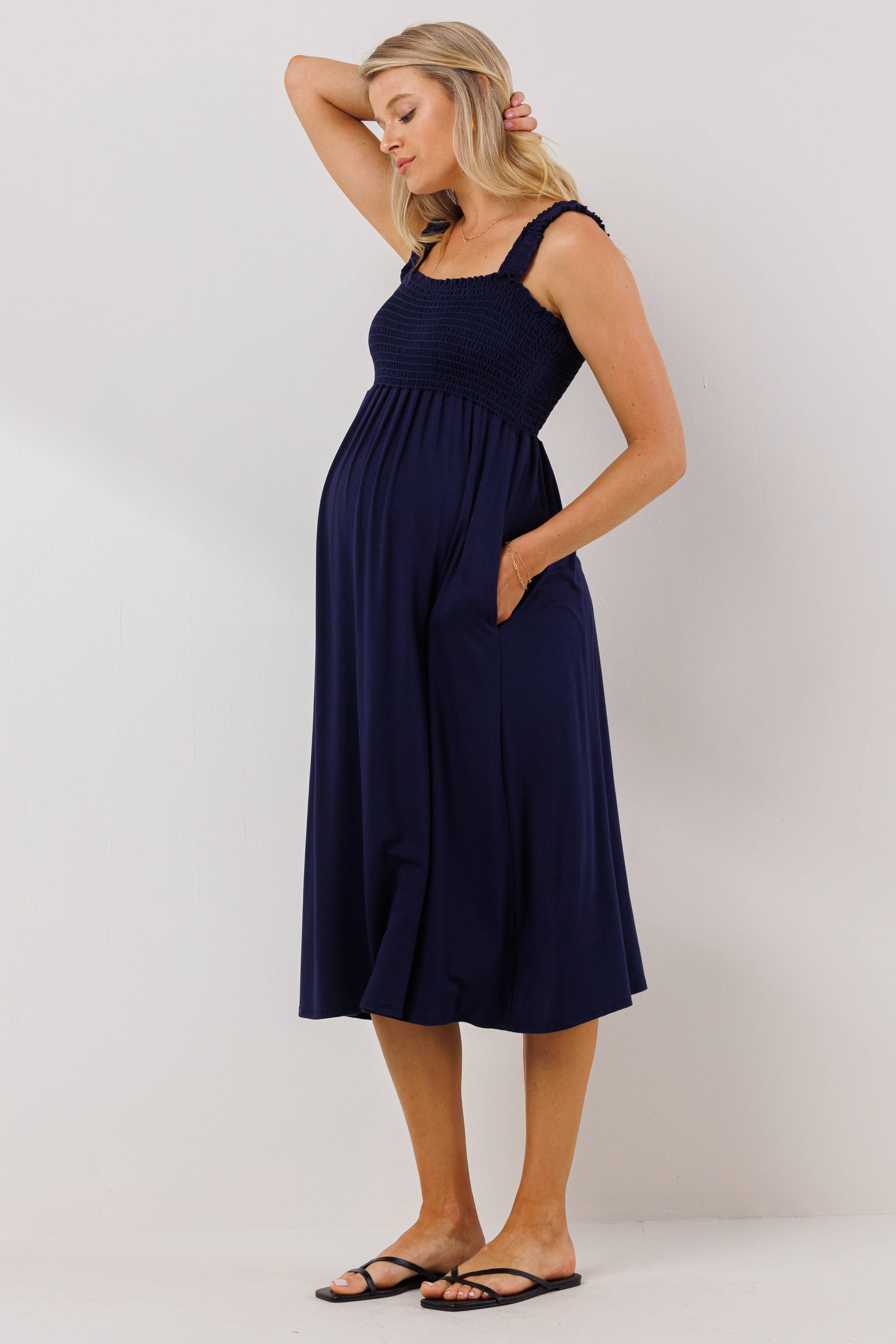 Navy Smocked Sleeveless Maternity Midi Dress