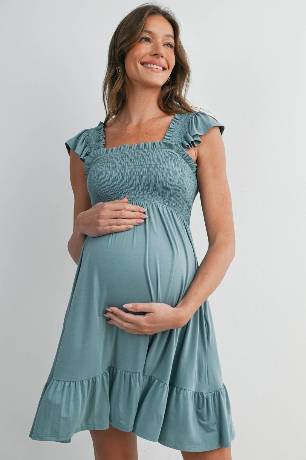 Sage Smocked Tiered Maternity Mini Dress with Flutter Sleeves