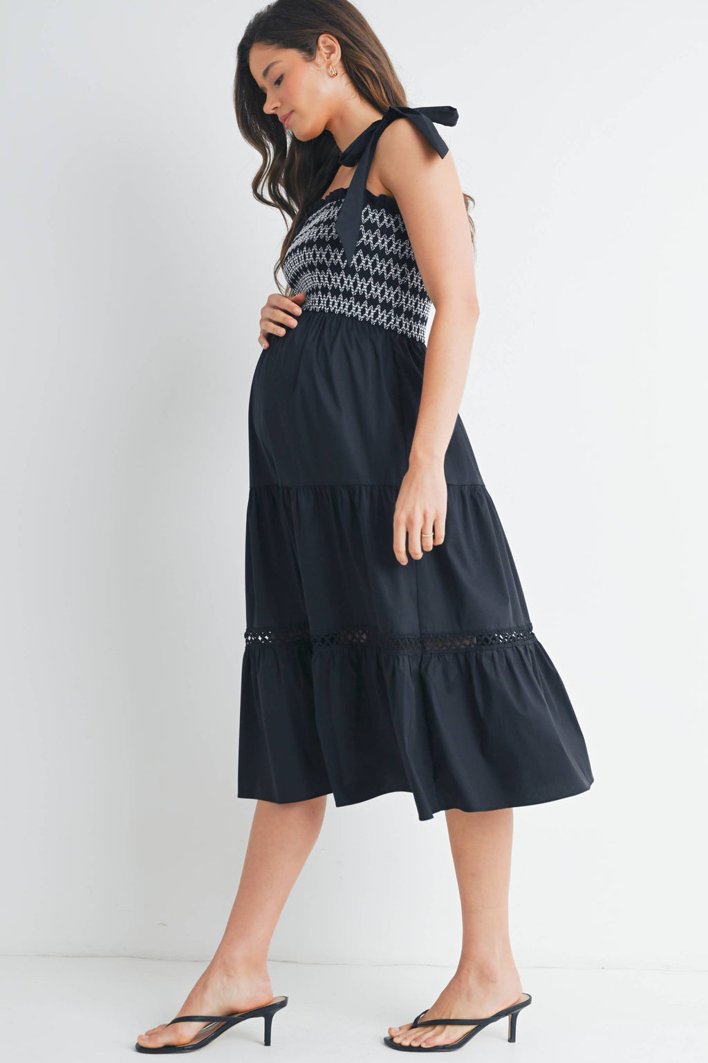 Black Smocked Tie-Strap Maternity Ruffle Midi Dress