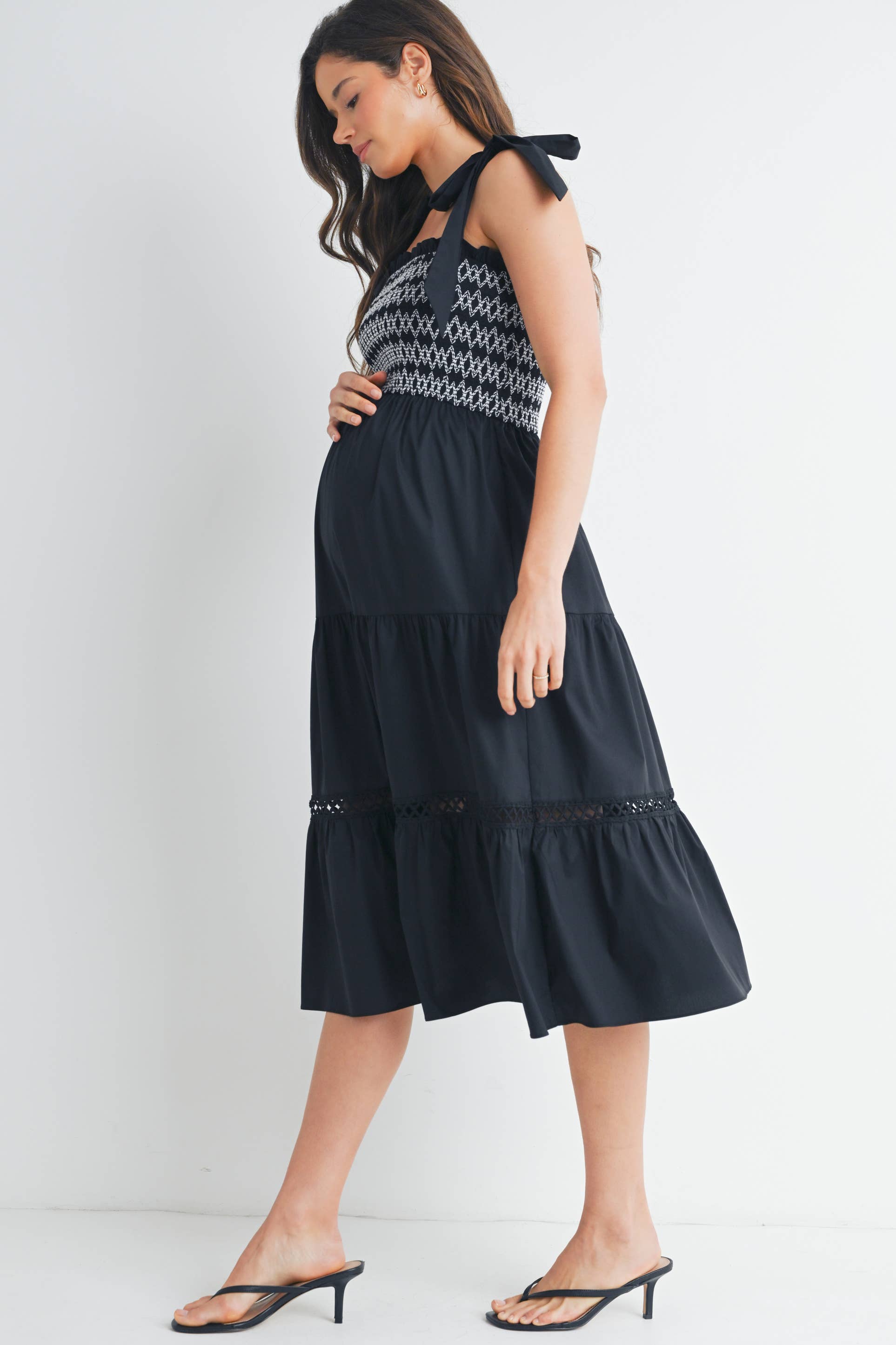 Black Smocked Tie-Strap Maternity Ruffle Midi Dress