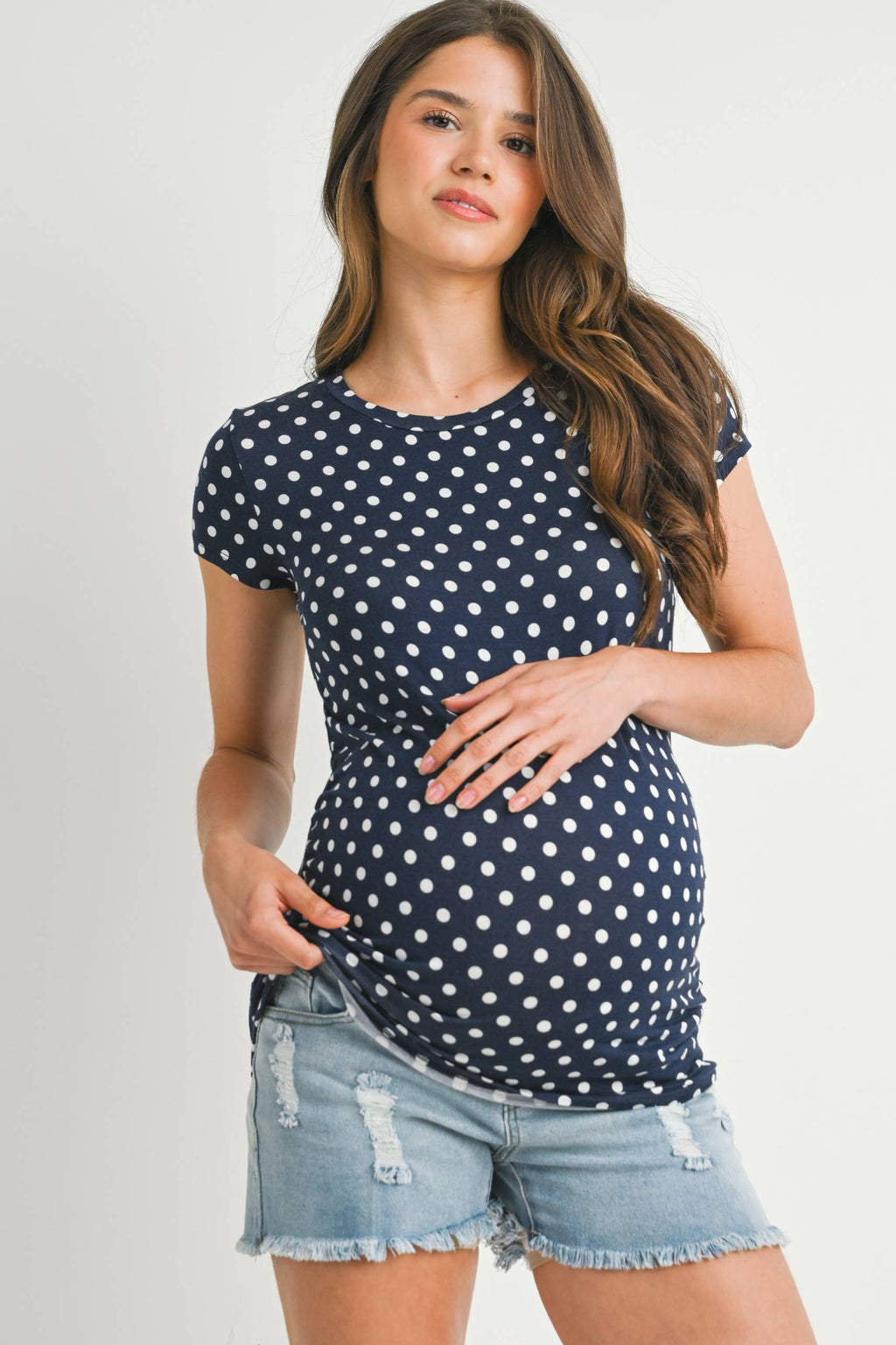 Navy with Ivory Polka Dot Short Sleeve Maternity T-Shirt