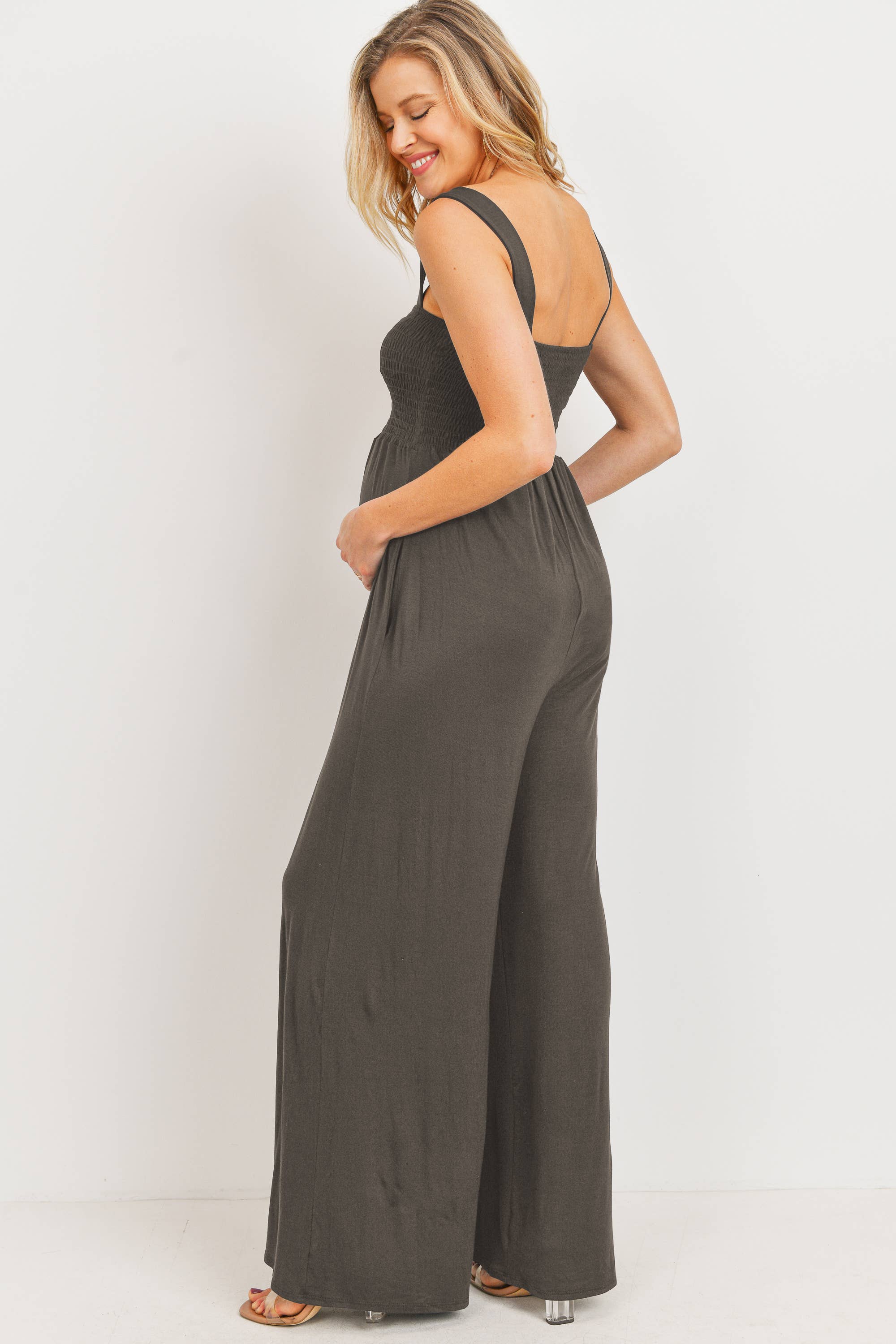 Cocoa Sleeveless Smocked Maternity Wide Leg Jumpsuit