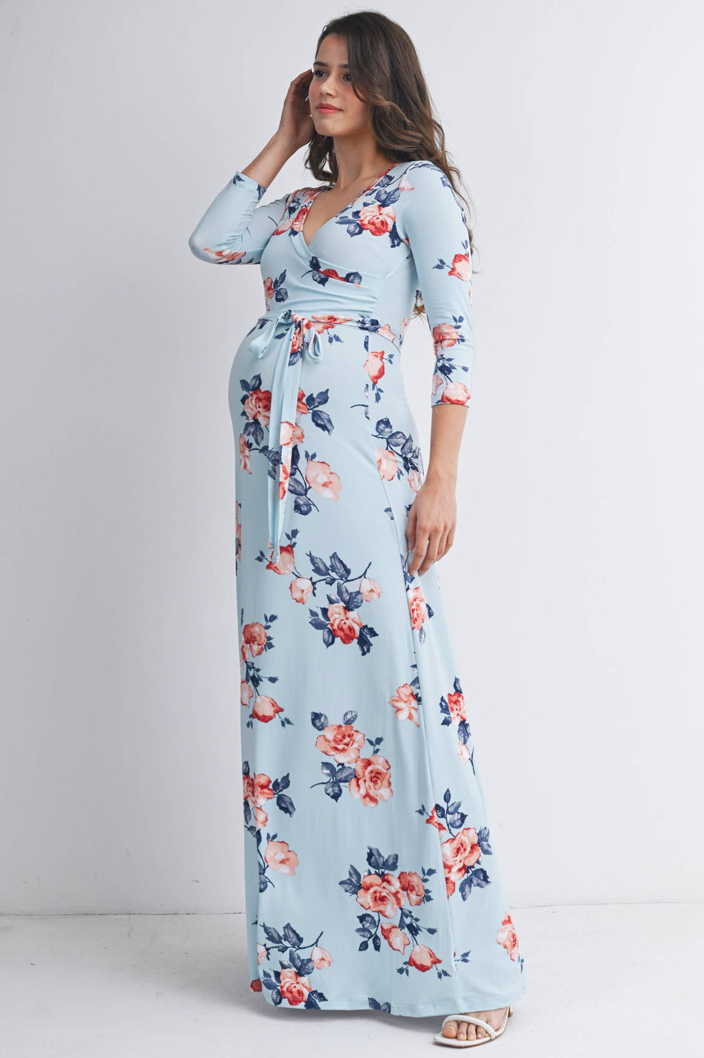 Sky Blue Floral Maternity Nursing Surplice Maxi Dress