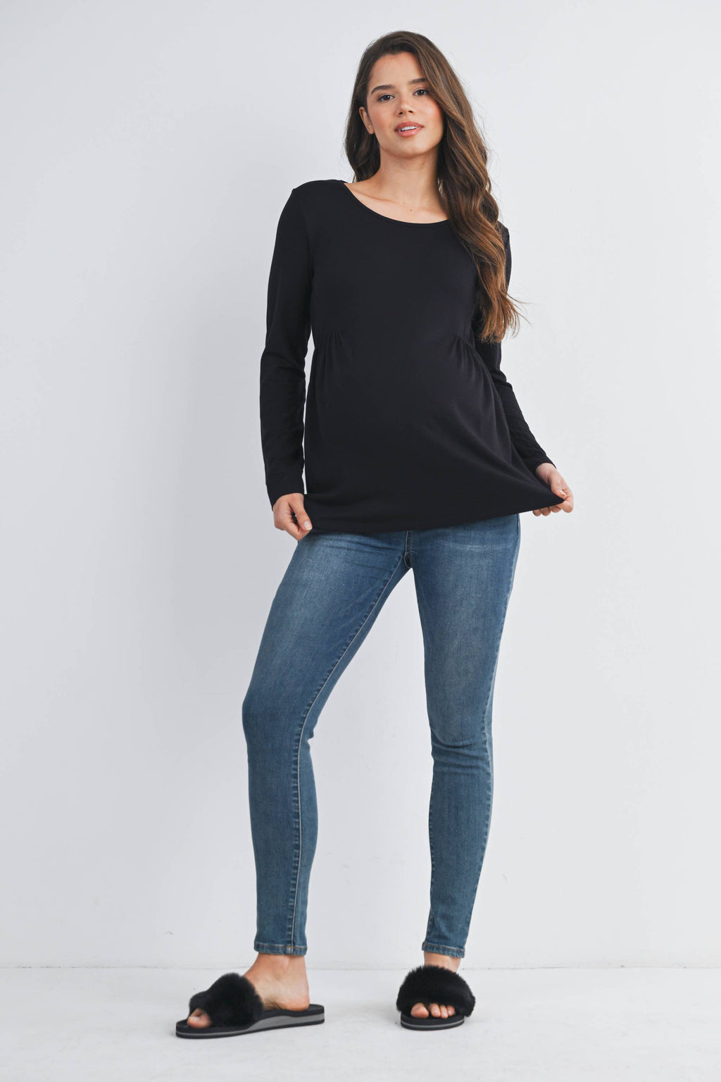 Black French Terry Long Sleeve Scoop Neck Maternity Top