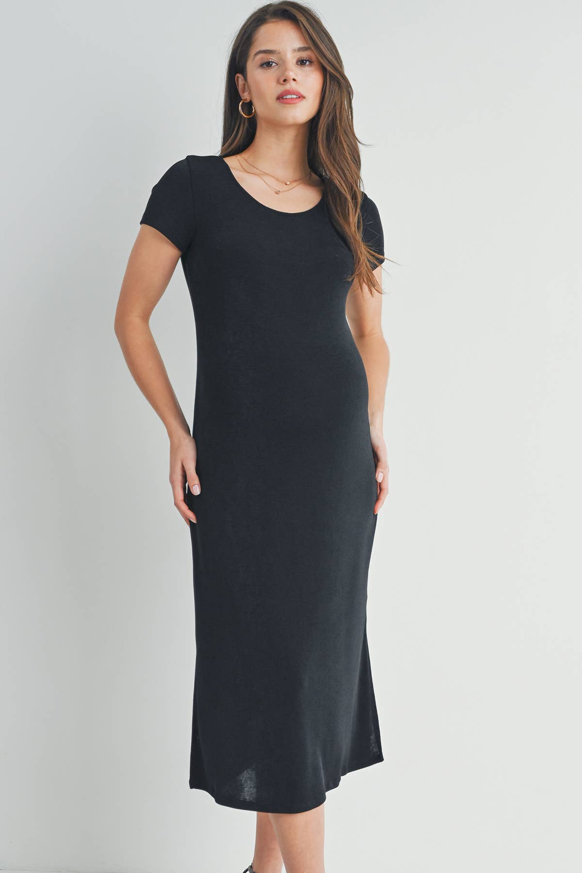 Black Round Neck Double Slit Maternity Midi Dress