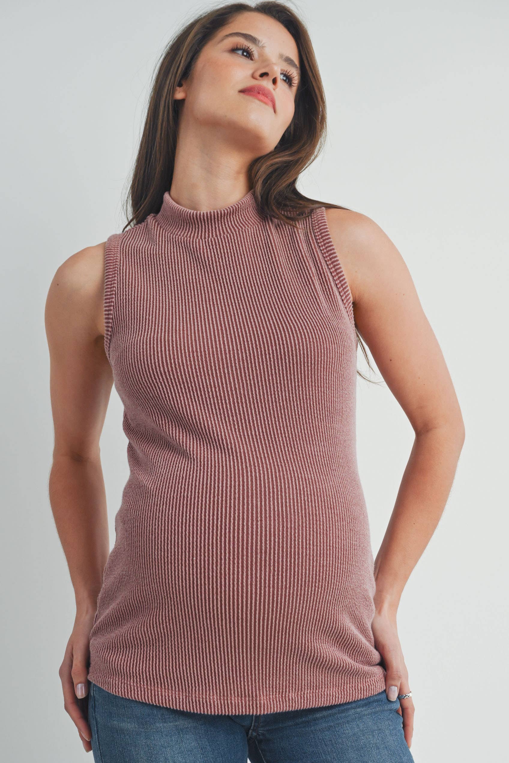 Red Brown Ribbed Mock Neck Maternity Tank Top