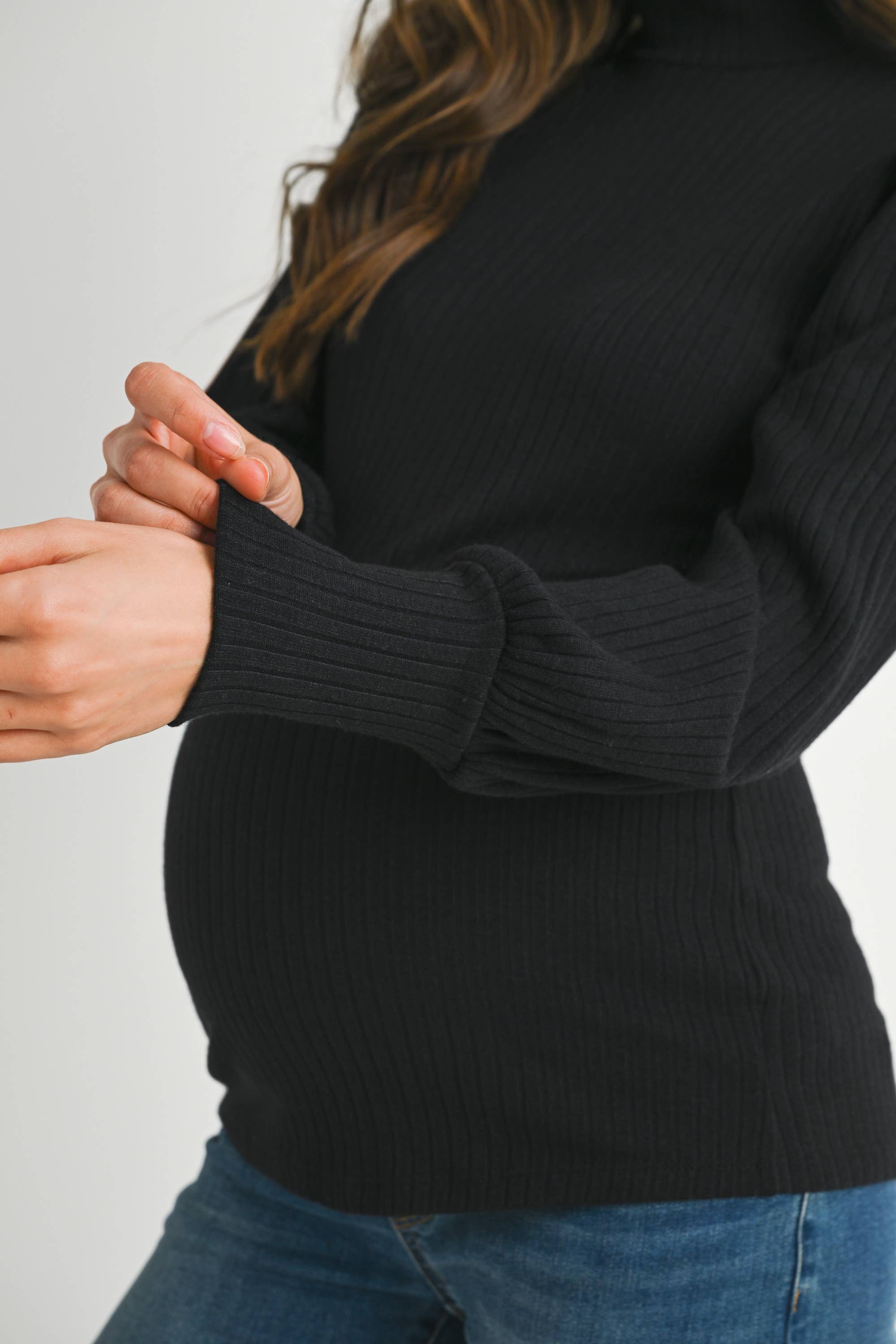 Black Ribbed Mock Neck Puff Sleeve Maternity Top