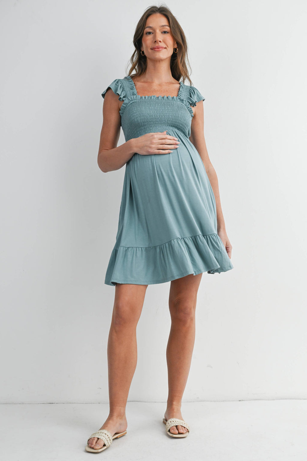 Sage Smocked Tiered Maternity Mini Dress with Flutter Sleeves