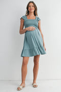 Sage Smocked Tiered Maternity Mini Dress with Flutter Sleeves