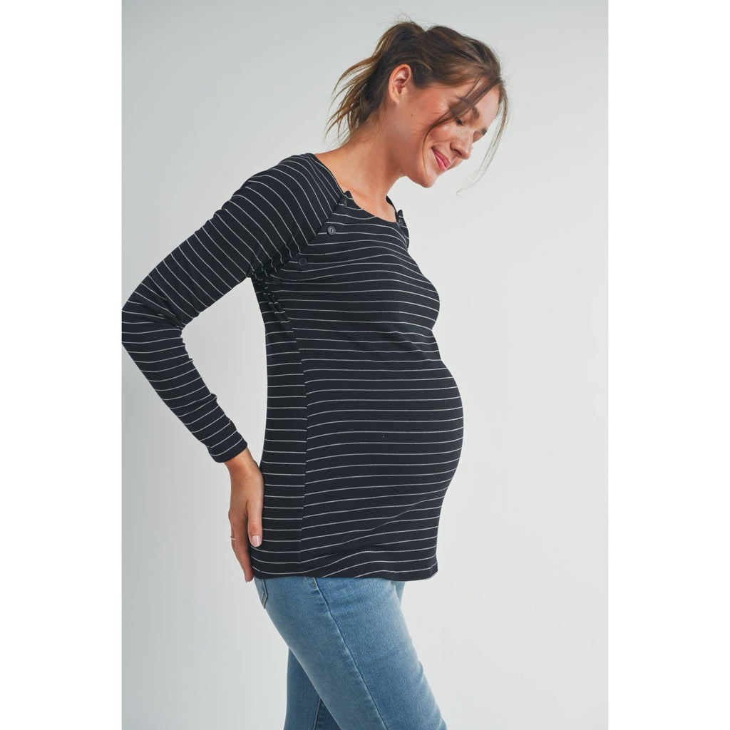 Black Striped Long Sleeve Nursing Top with Button Detail