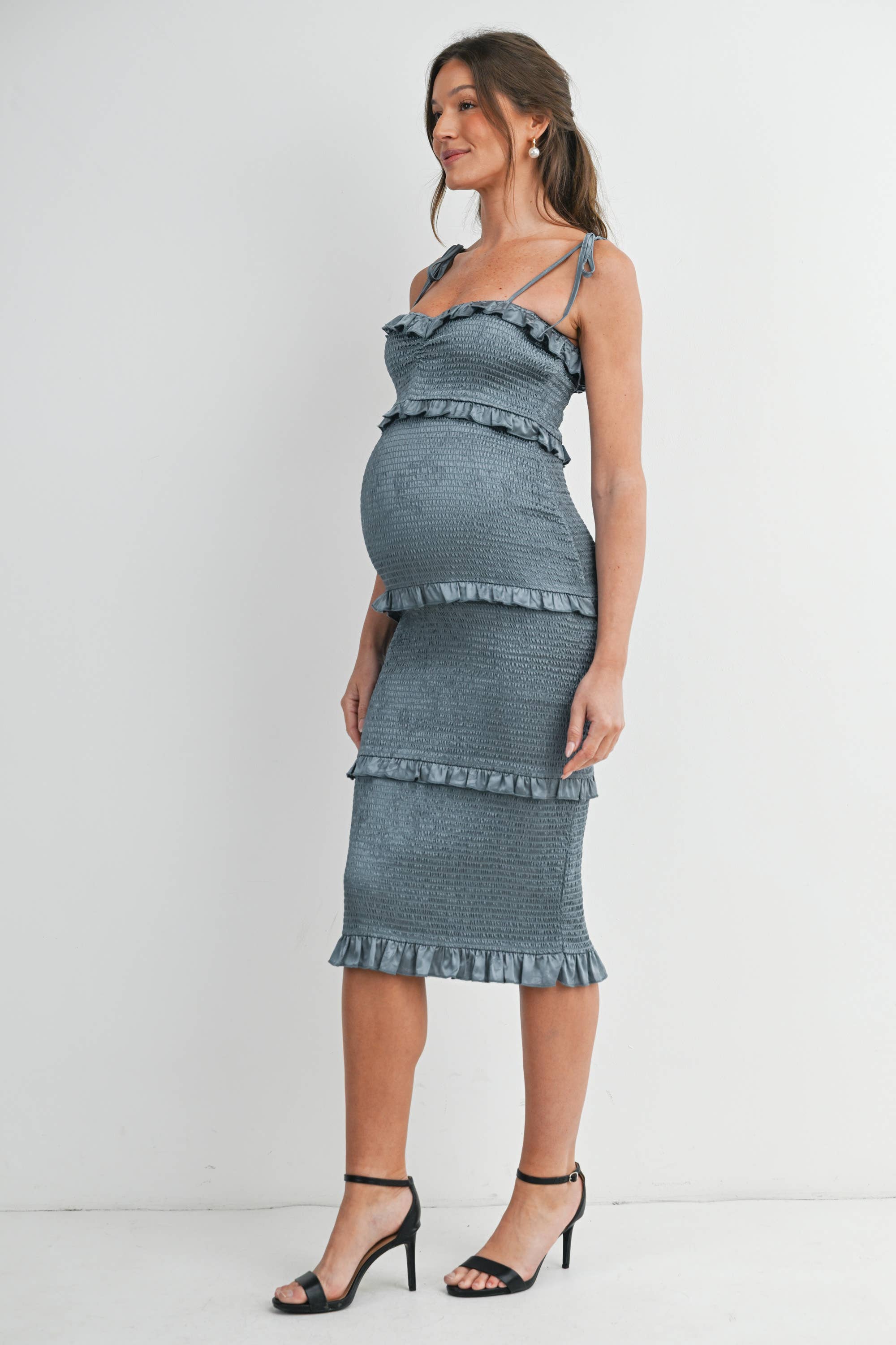 Smocked Ruffle Trim Maternity Midi Dress with Tie Straps