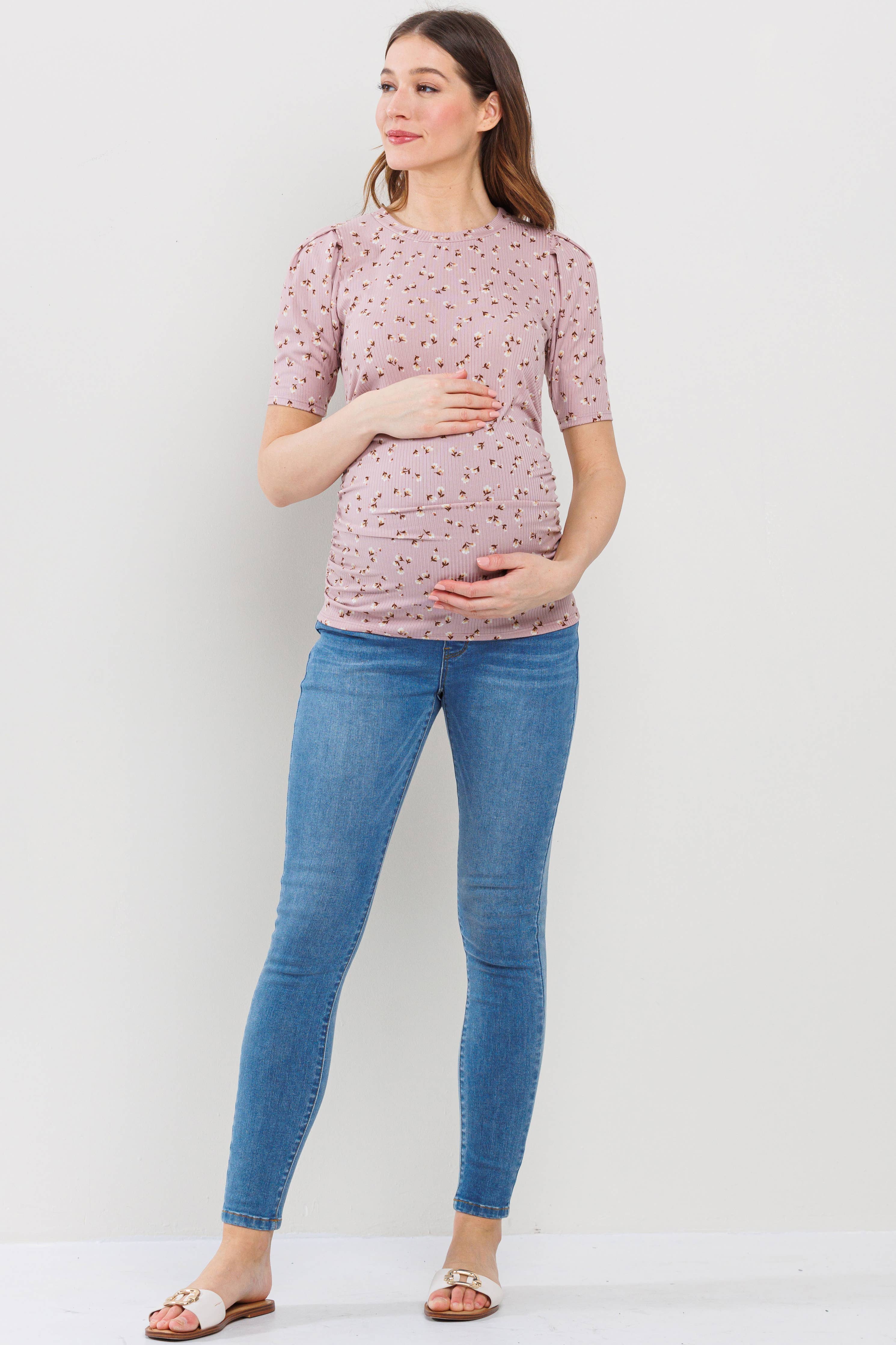 Mauve Floral Ribbed Puff Sleeve Side Ruched Top