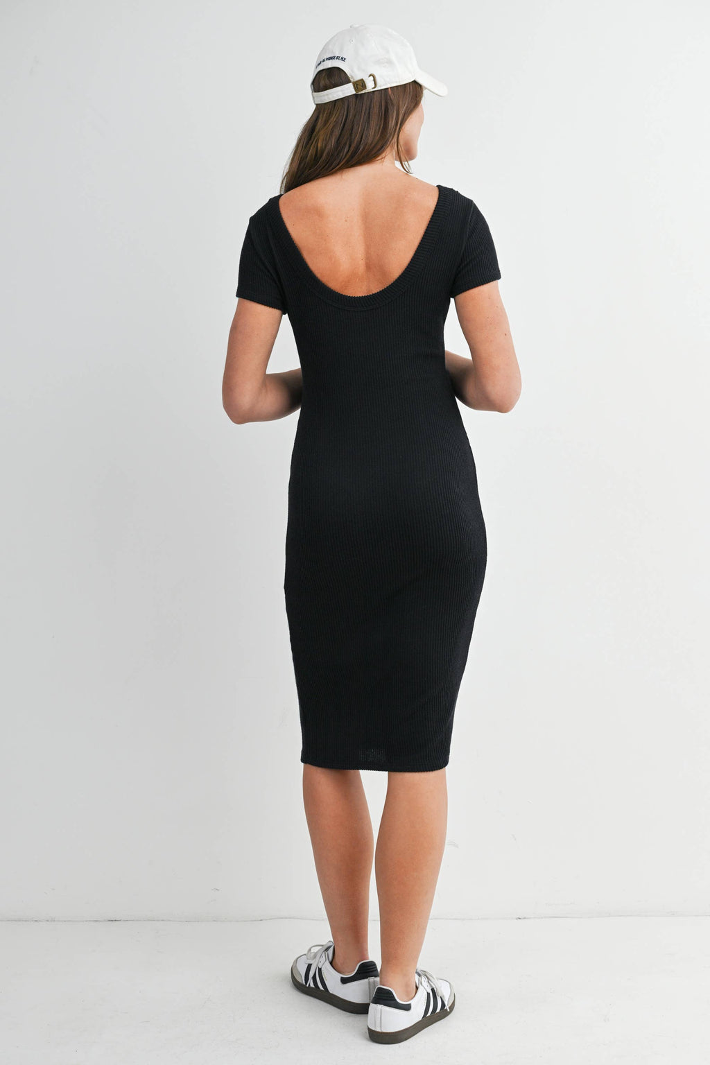 Black Ribbed Short Sleeve Maternity Midi Dress with Open Back