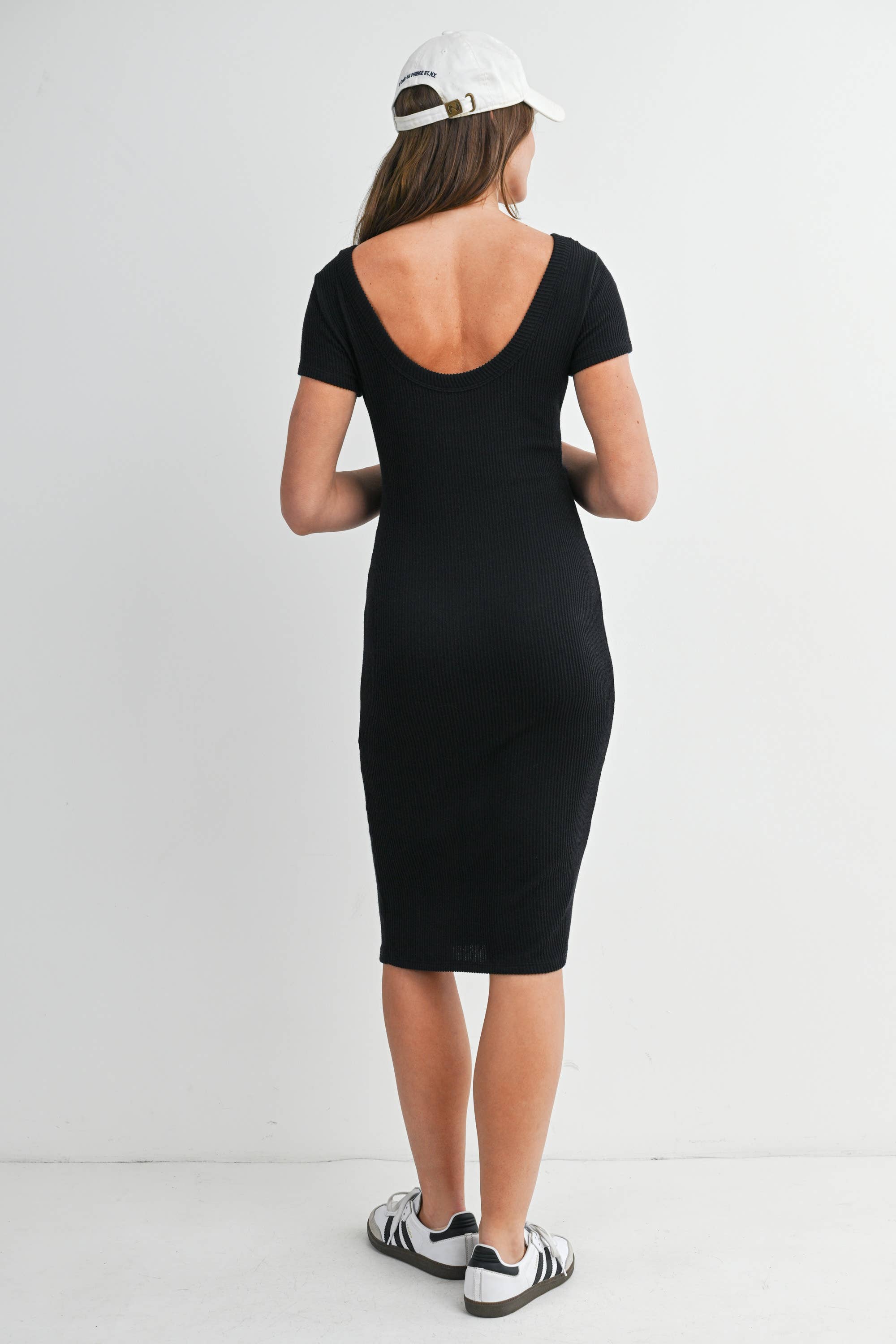 Black Ribbed Short Sleeve Maternity Midi Dress with Open Back
