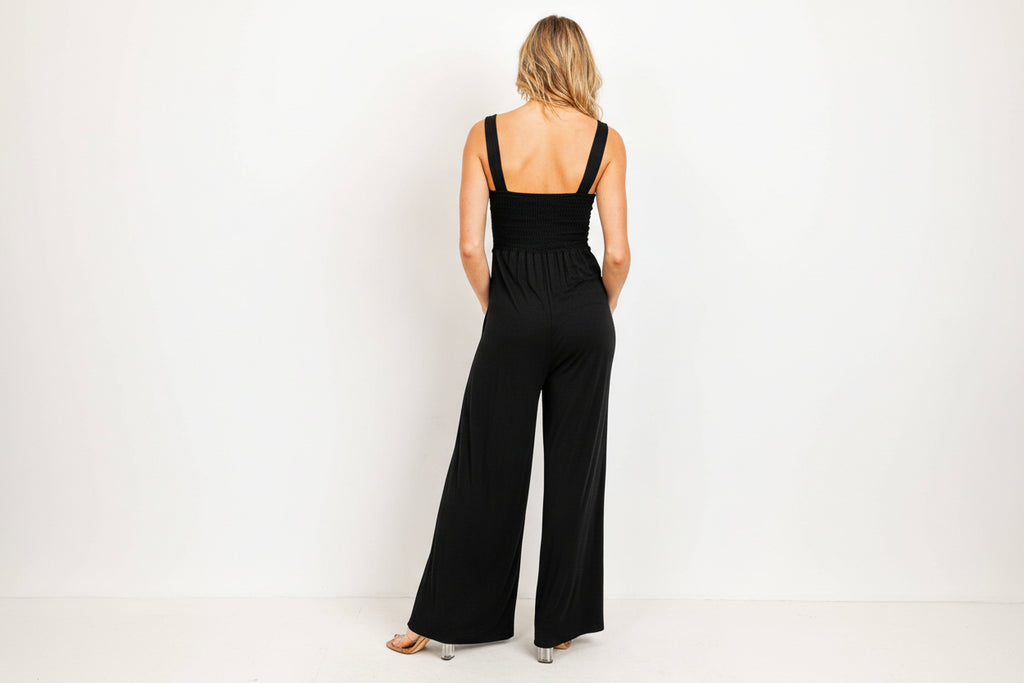 Black Sleeveless Smocked Maternity Wide Leg Jumpsuit