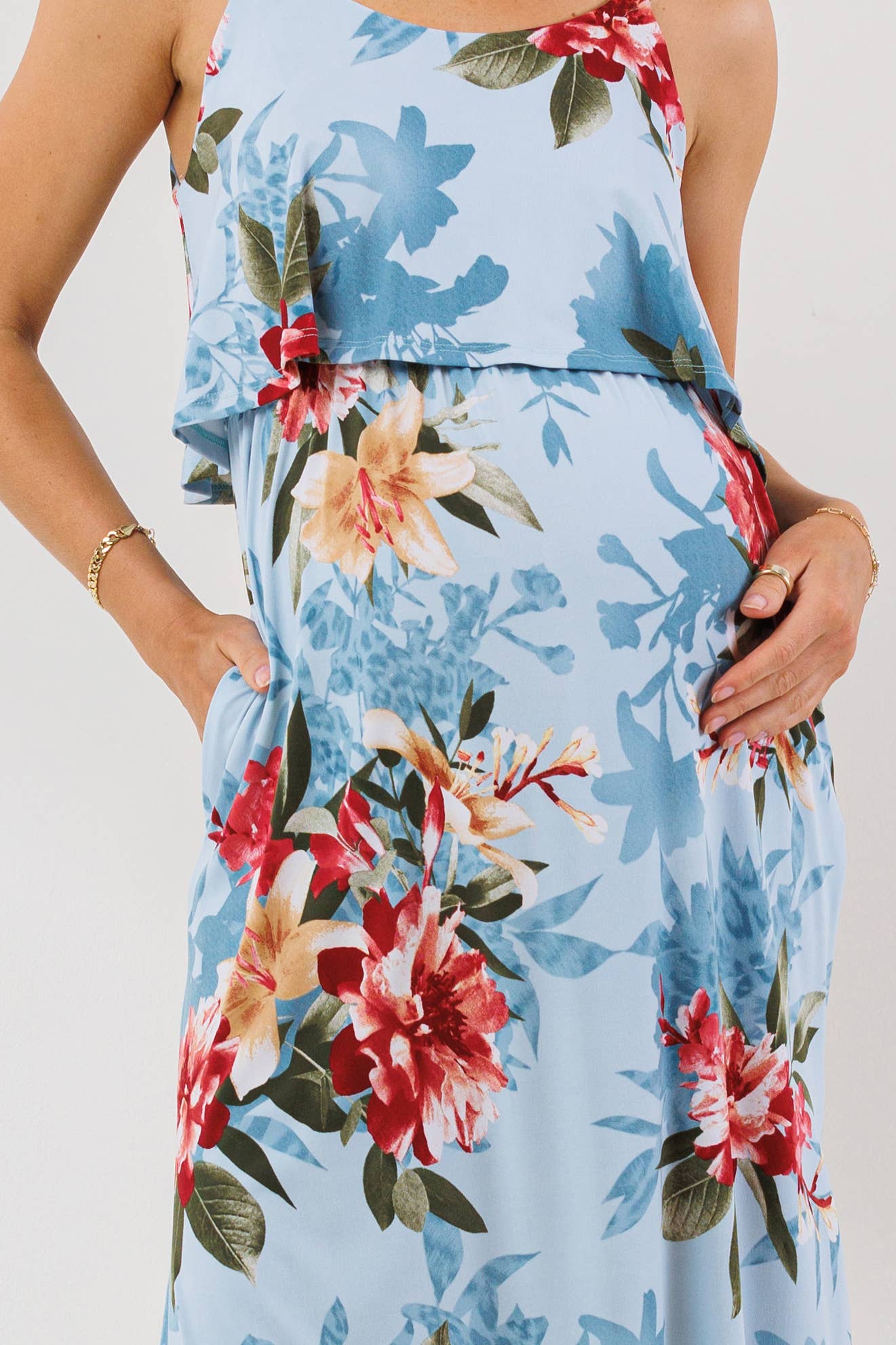 Blue Tropical Floral Maternity Sleeveless Maxi Dress