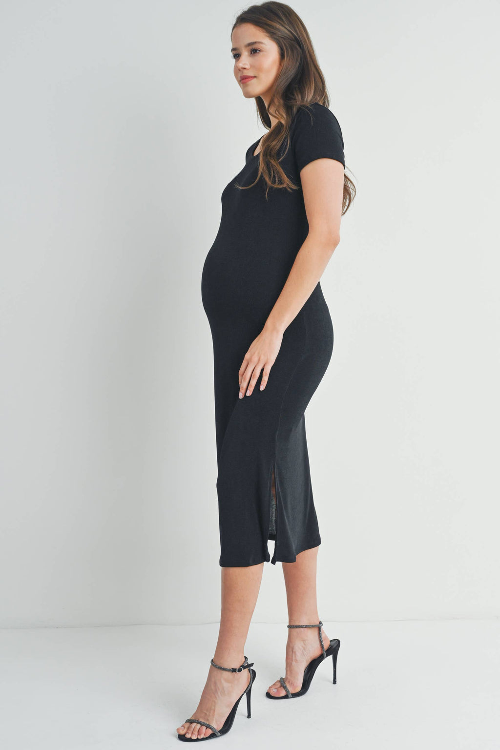 Black Round Neck Double Slit Maternity Midi Dress