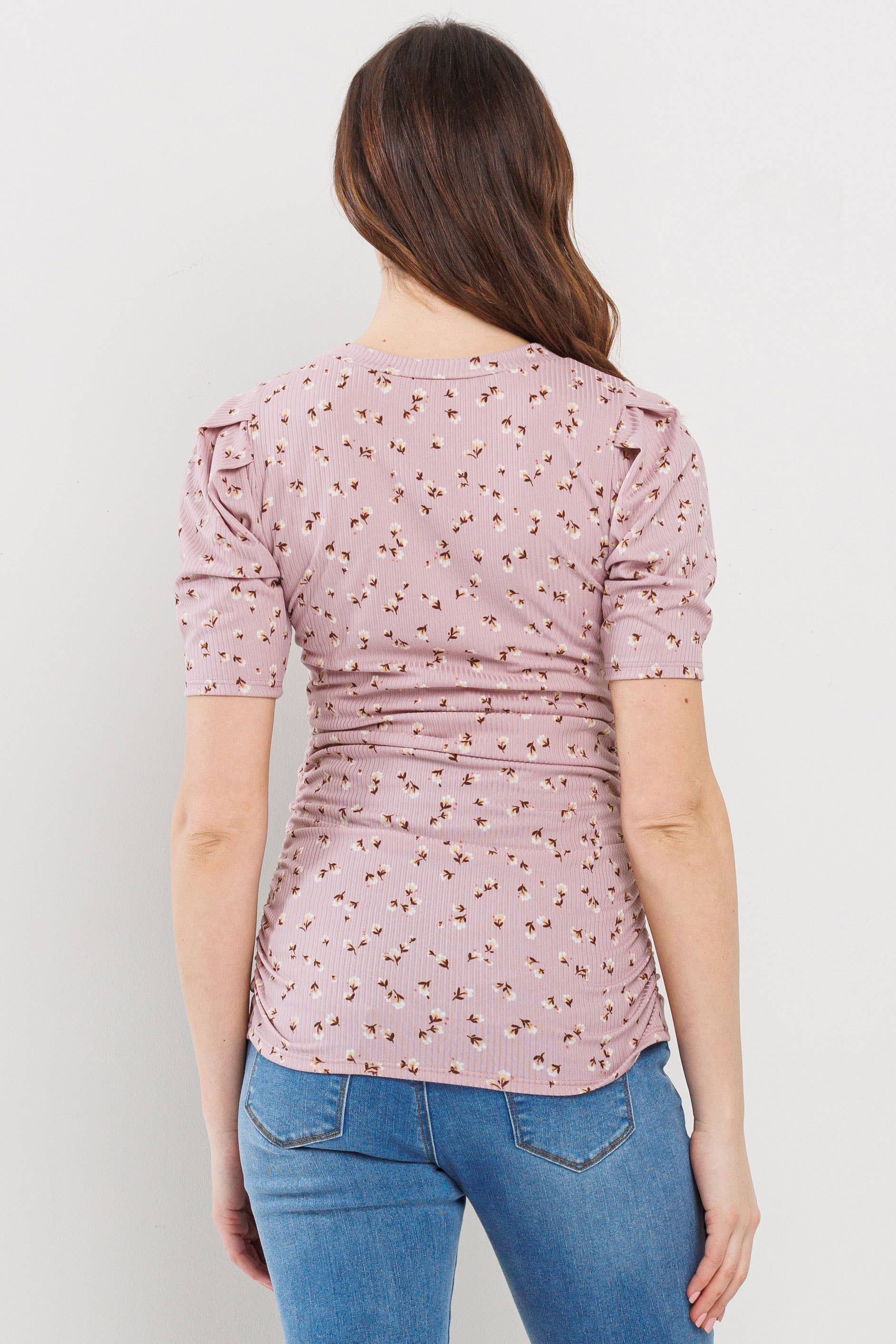 Mauve Floral Ribbed Puff Sleeve Side Ruched Top