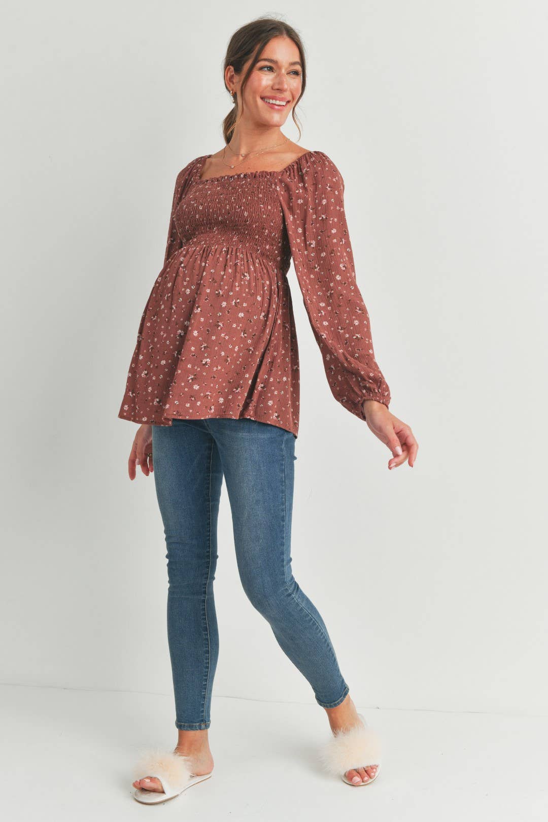 Brown Floral Print Smocked Maternity Blouse