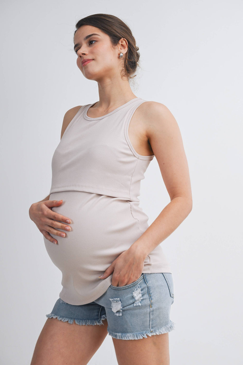 Beige Sleeveless Maternity Nursing Double-Layer Tank Top
