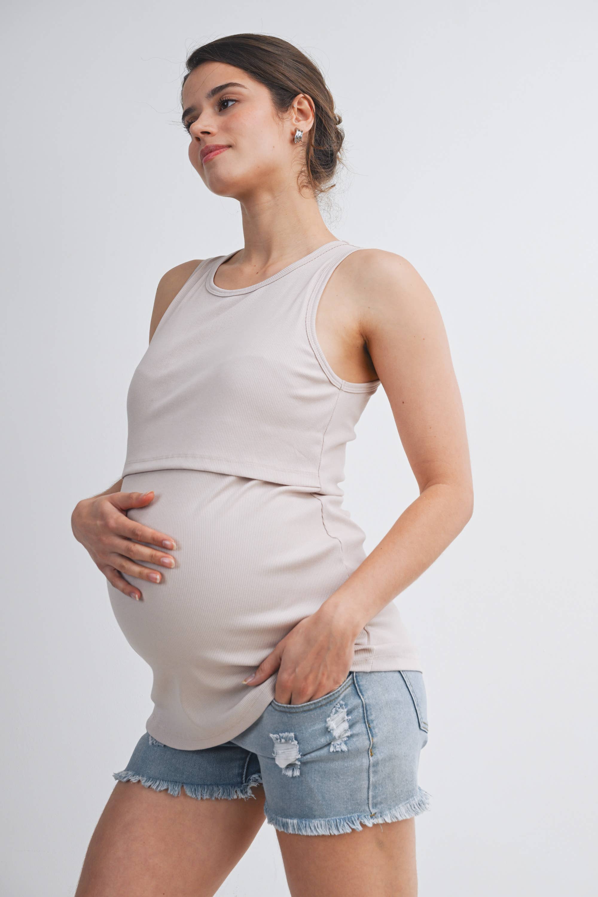 Beige Sleeveless Maternity Nursing Double-Layer Tank Top
