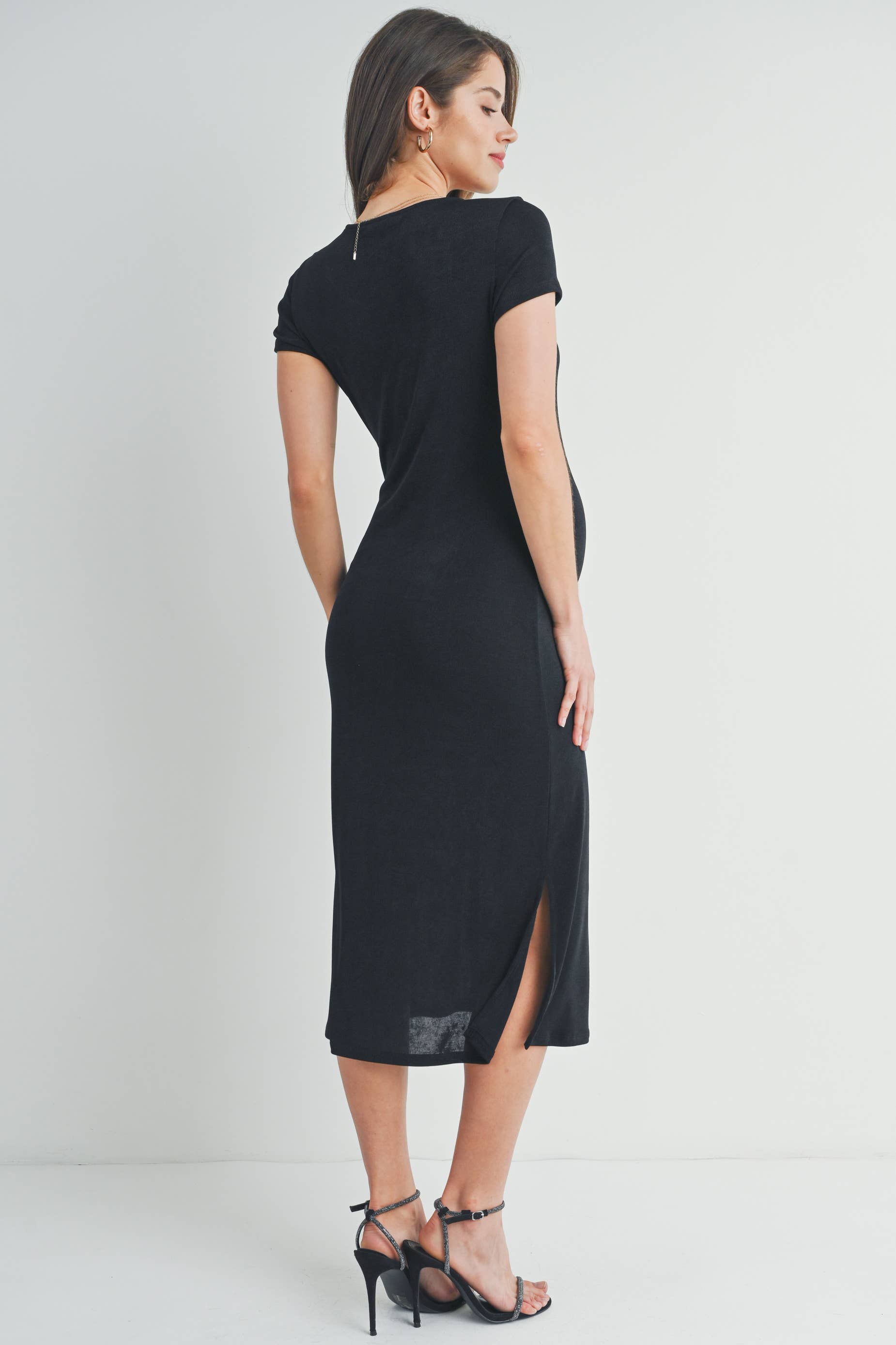 Black Round Neck Double Slit Maternity Midi Dress