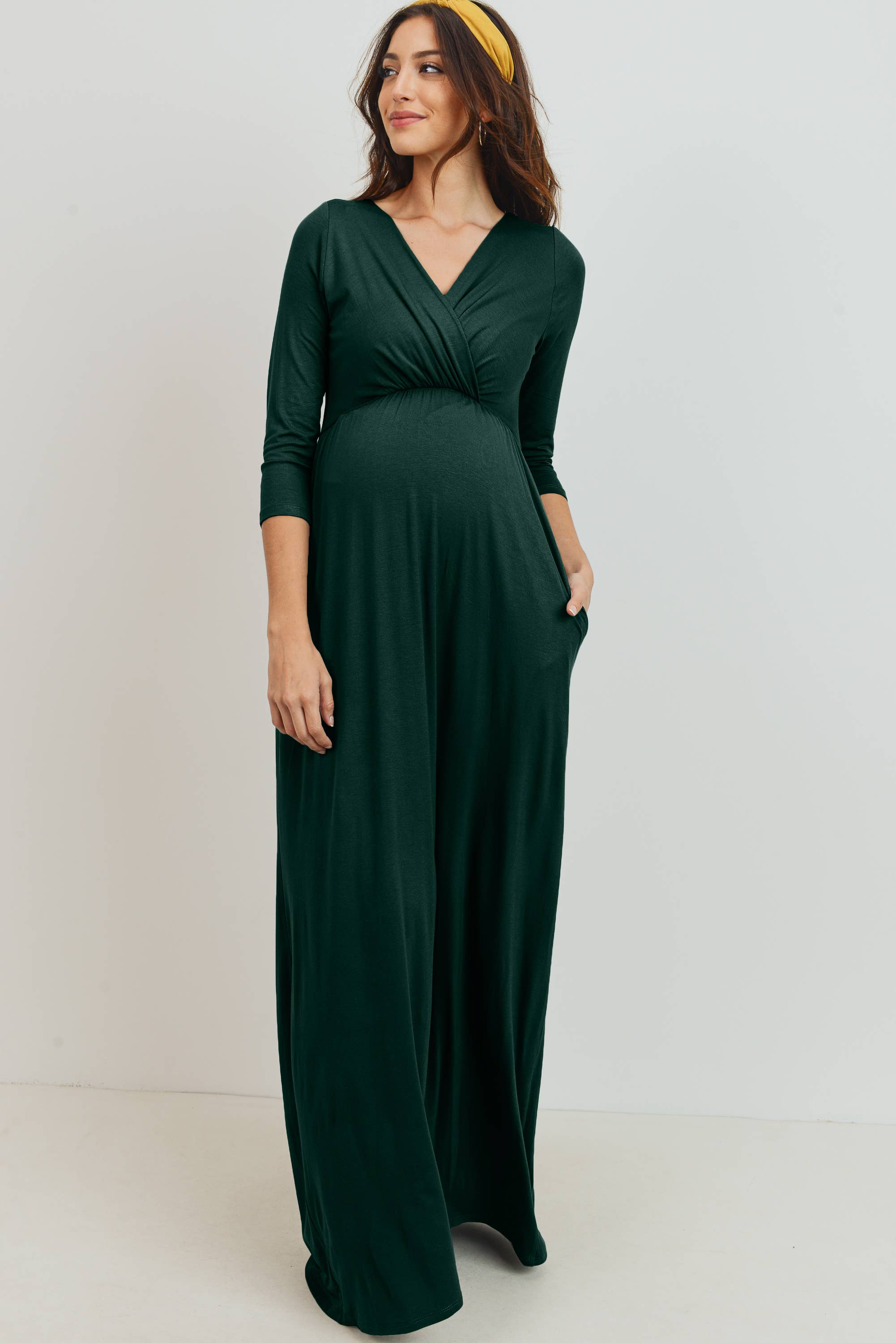 Hunter Green Surplice Quarter Sleeve Nursing Maxi Dress