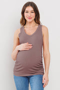 Mauve Ruched V-Neck Maternity Ribbed Tank Top