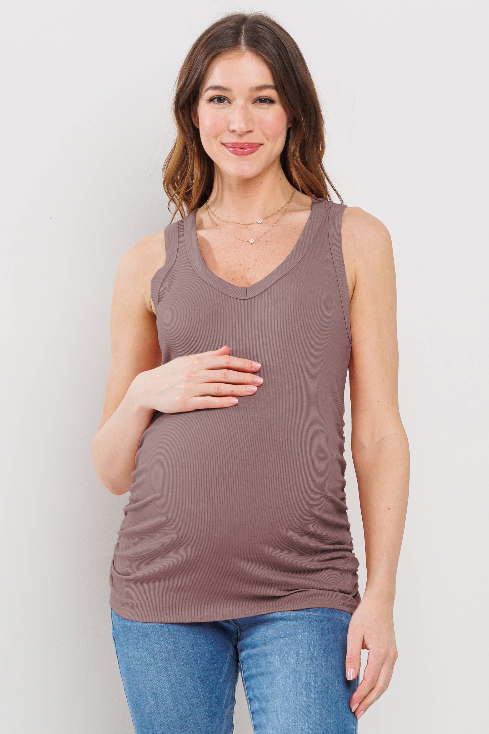 Mauve Ruched V-Neck Maternity Ribbed Tank Top