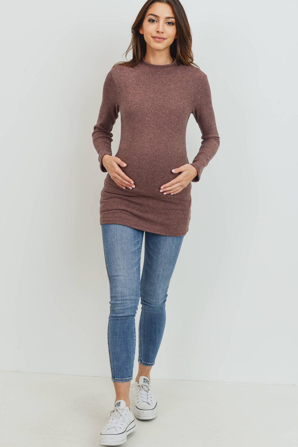 Mauve Mock Neck Long Sleeve Maternity Ribbed Long Top