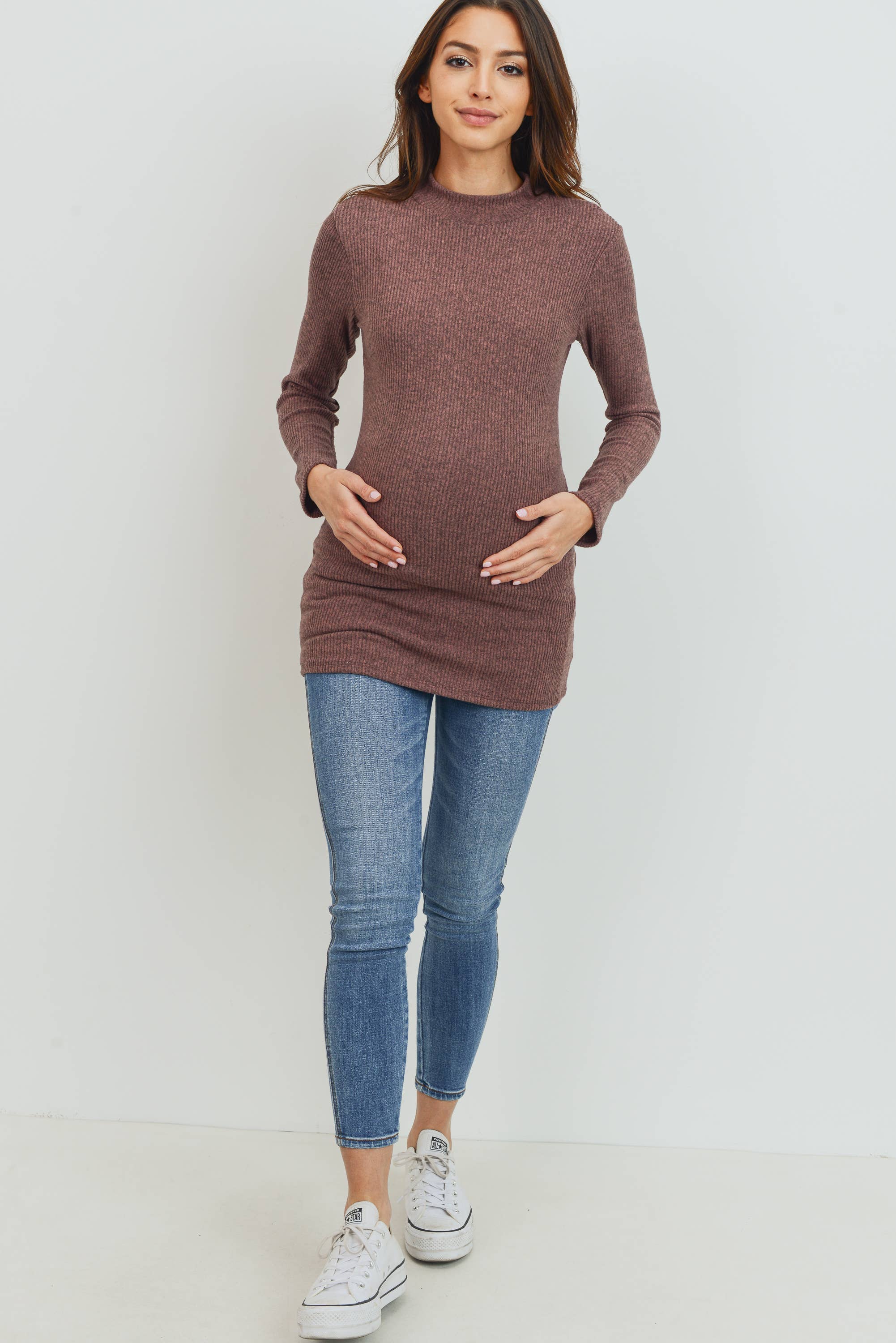 Mauve Mock Neck Long Sleeve Maternity Ribbed Long Top