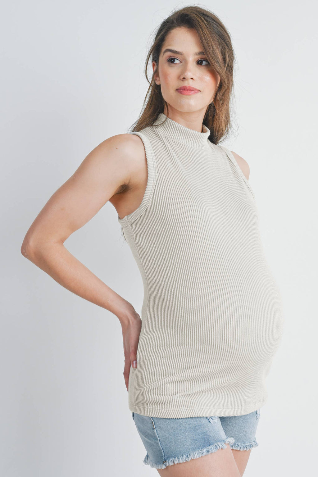 Cream Ribbed Mock Neck Maternity Tank Top