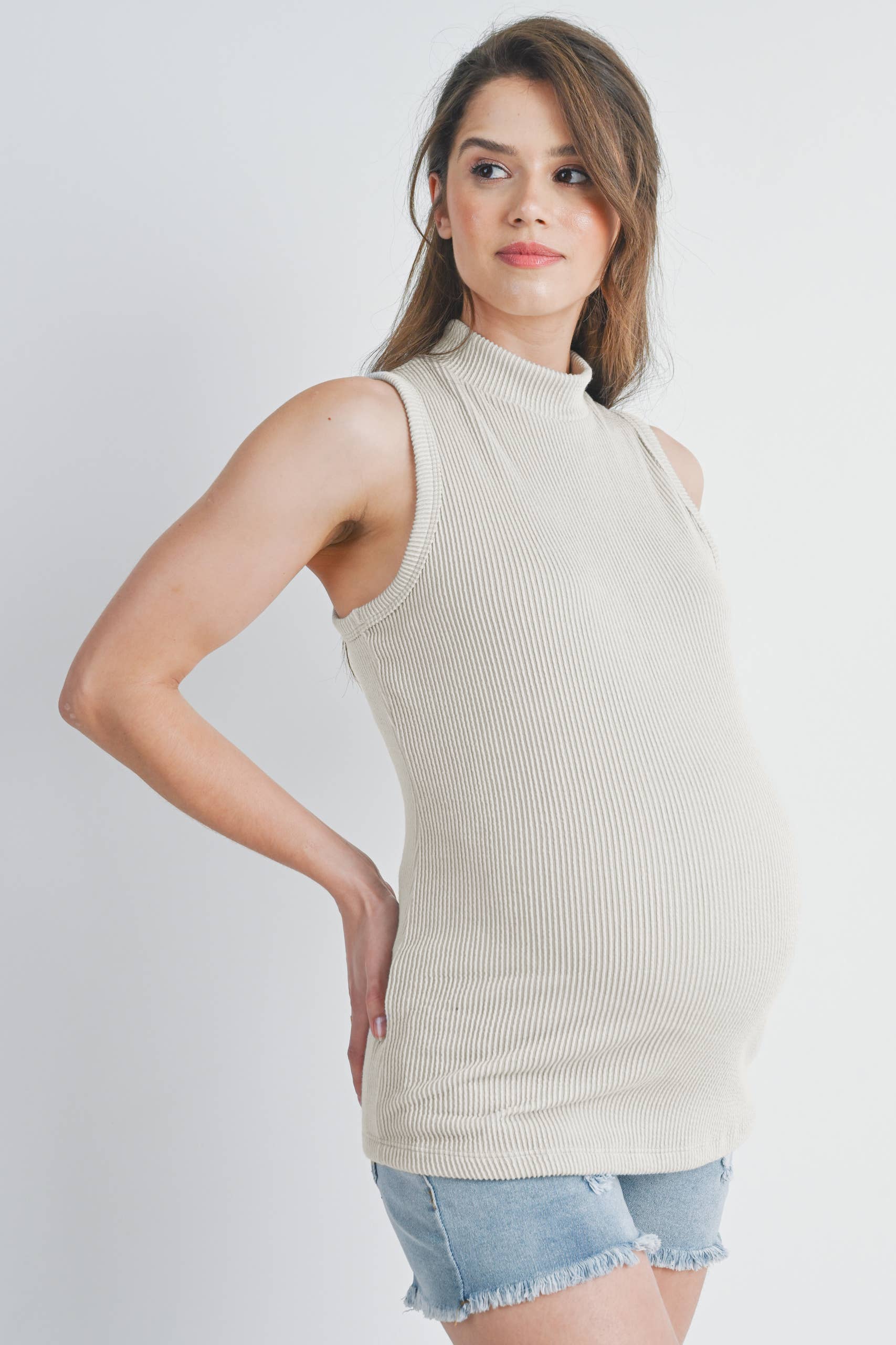 Cream Ribbed Mock Neck Maternity Tank Top