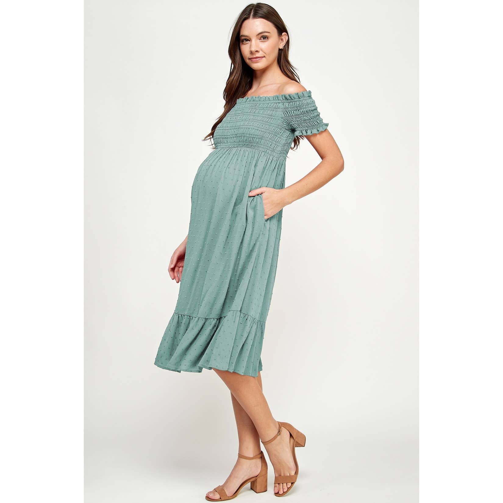 Sage Smocked Off The Shoulder Maternity Midi Dress