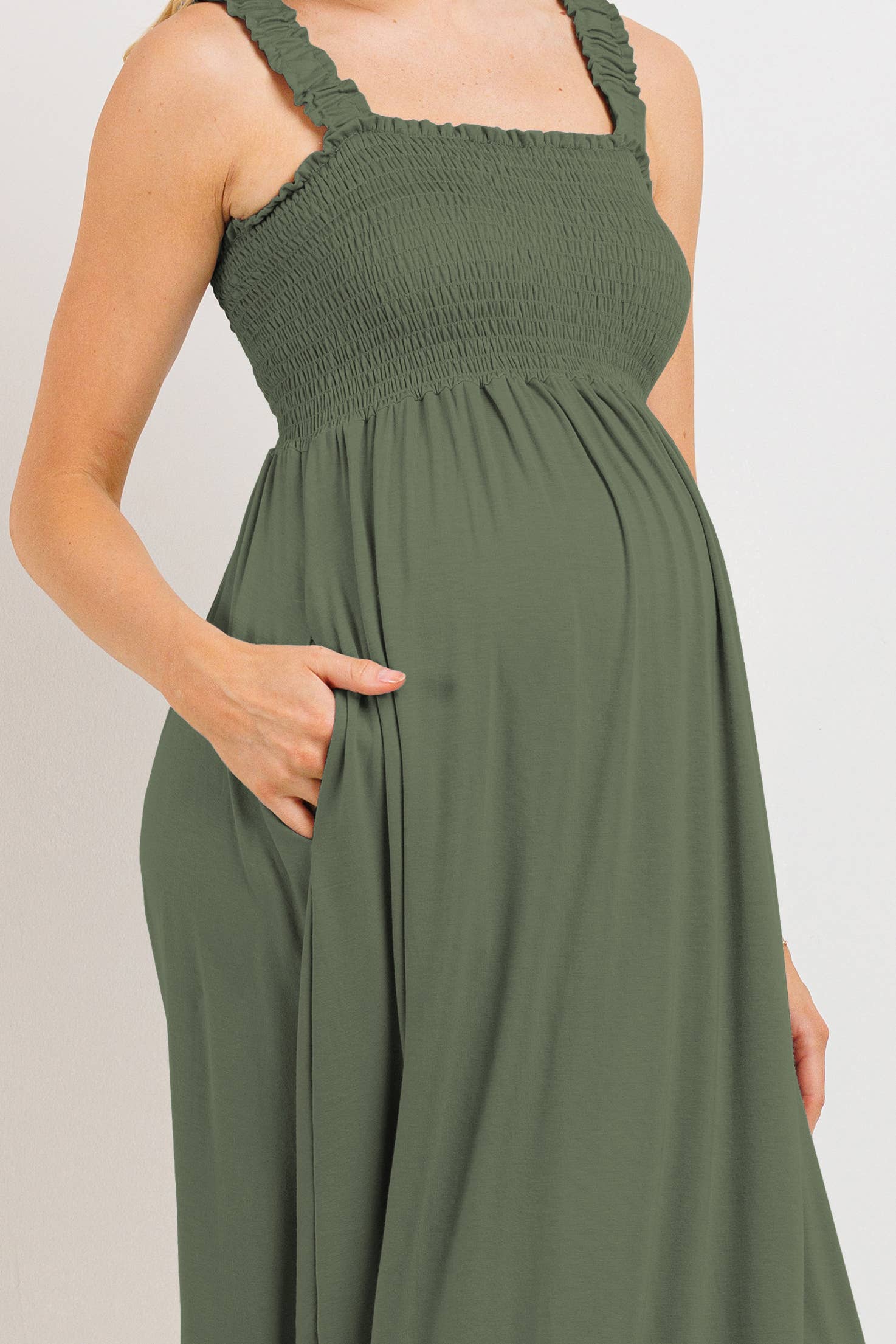 Olive Smocked Sleeveless Maternity Midi Dress